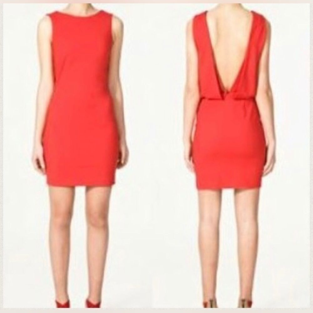 Zara Basic Red Orange Open  Back Sheath Dress (Size Small)